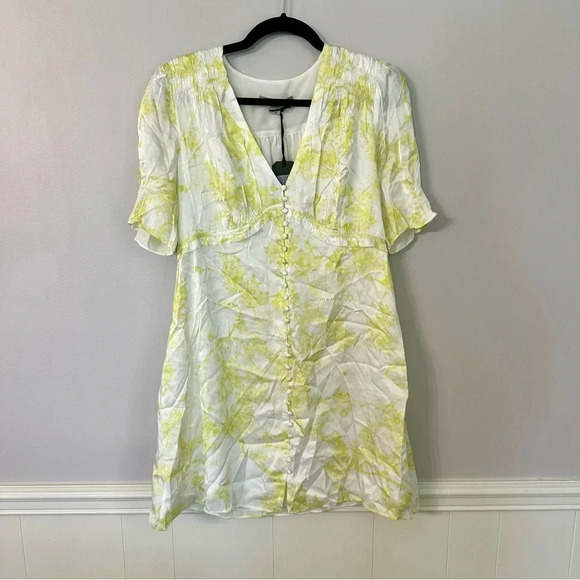 All Saints Demi Marama Dress in Citrus Yellow Short Puff Sleeve V-Neck Sz 8 NWT - Picture 2 of 9